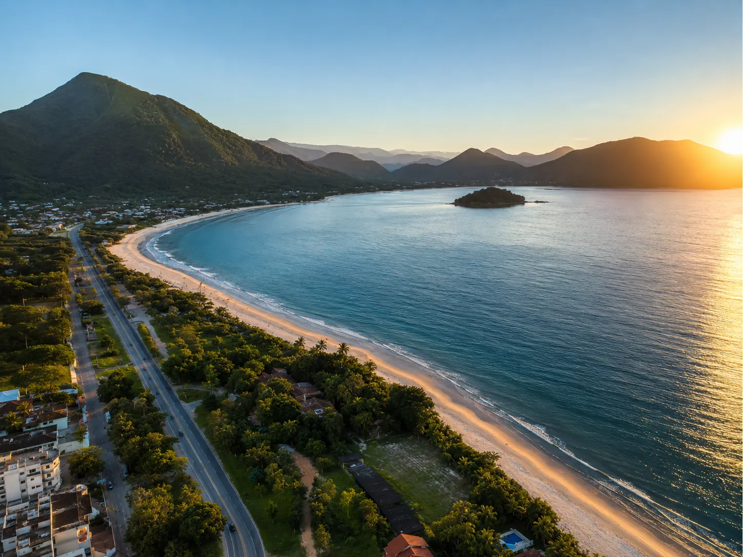 Vista aérea de praia em Ubatuba com Serra do Mar, faixa de areia e avenida à beira-mar